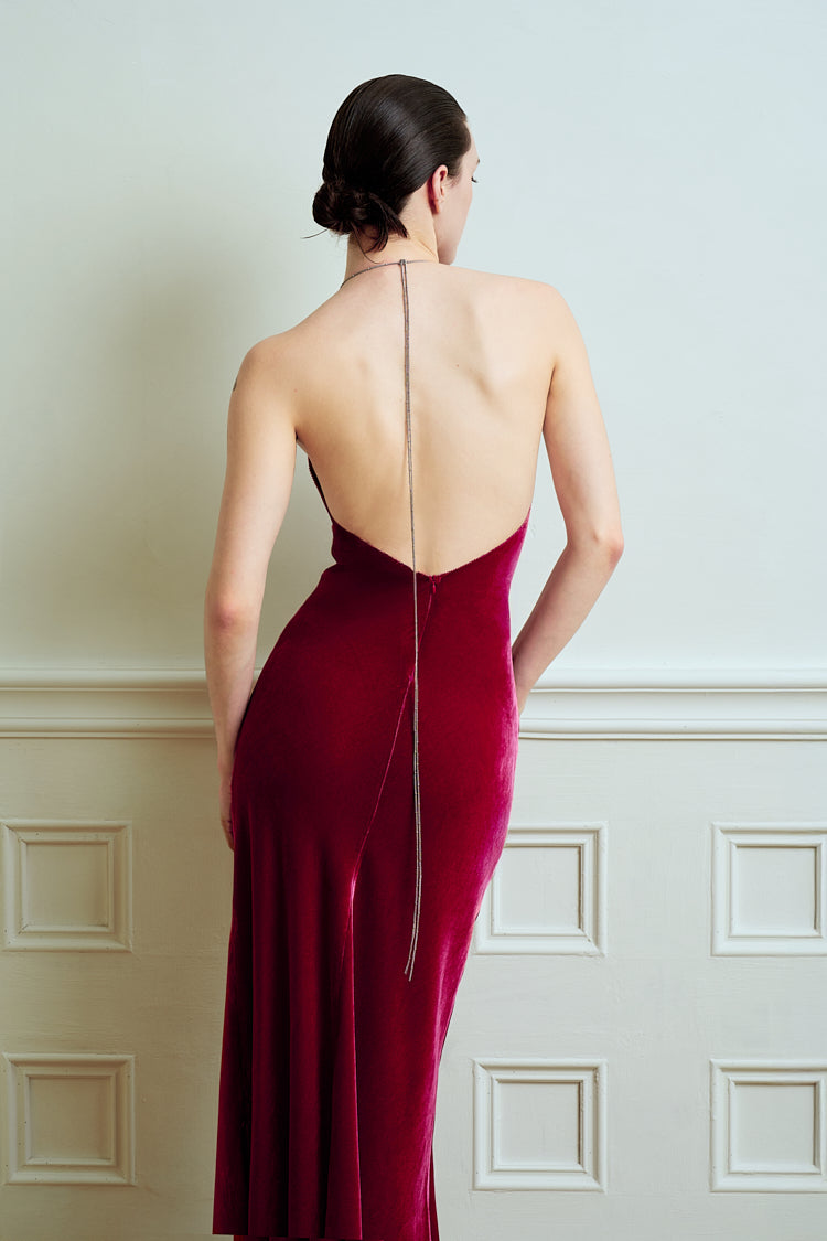 VELVET CHAIN MAXI DRESS / BURGUNDY RED