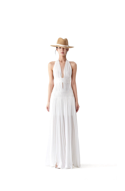 HALTER NECK PLEATED BACKLESS MAXI DRESS