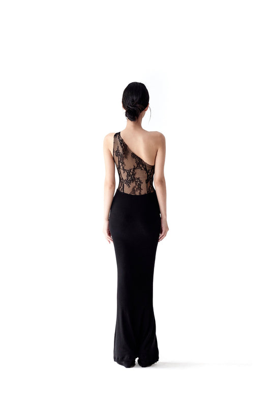 ONE-SHOULDER MAXI DRESS WITH LACE PANELS