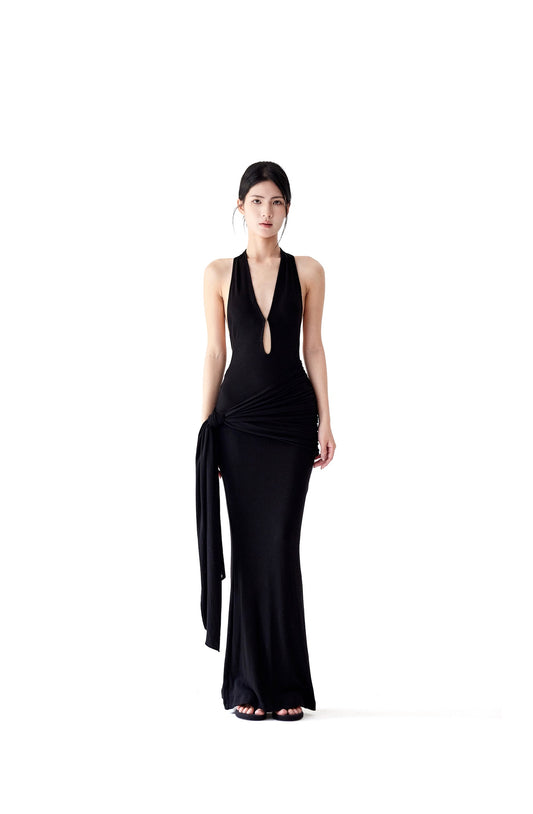 ASYMMETRIC HALTER NECK BACKLESS DRESS
