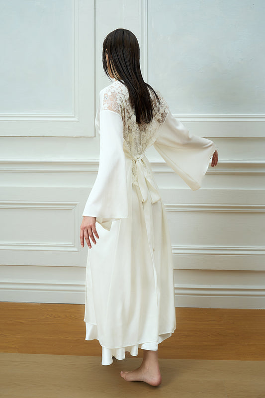 BACK LACE PANELED BELTED SEMI-SHEER PEIGNOIR / WHITE