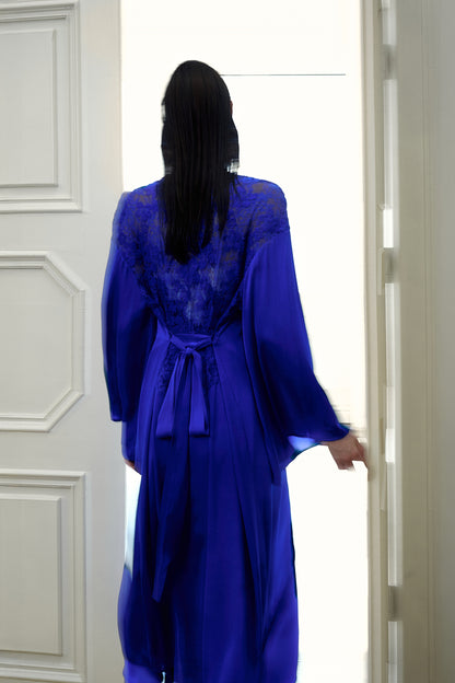 BACK LACE PANELED BELTED SEMI-SHEER PEIGNOIR / KLEIN BLUE