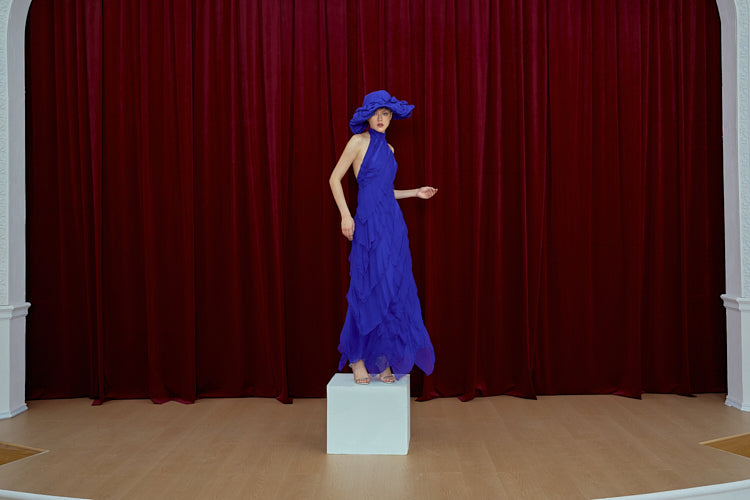 HALTER NECK BACKLESS TIERED MAXI DRESS / KLEIN BLUE