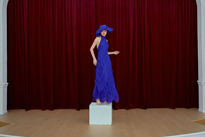 HALTER NECK BACKLESS TIERED MAXI DRESS / KLEIN BLUE