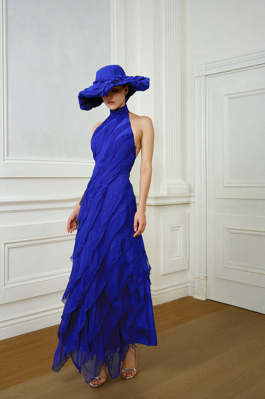 HALTER NECK BACKLESS TIERED MAXI DRESS / KLEIN BLUE