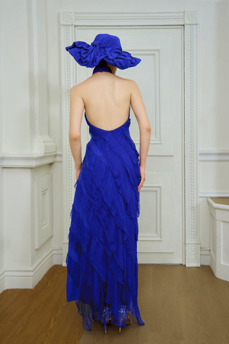 HALTER NECK BACKLESS TIERED MAXI DRESS / KLEIN BLUE