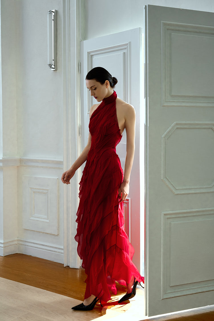 HALTER NECK BACKLESS TIERED MAXI DRESS / BURGUNDY RED