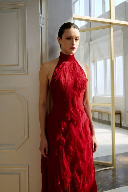 HALTER NECK BACKLESS TIERED MAXI DRESS / BURGUNDY RED