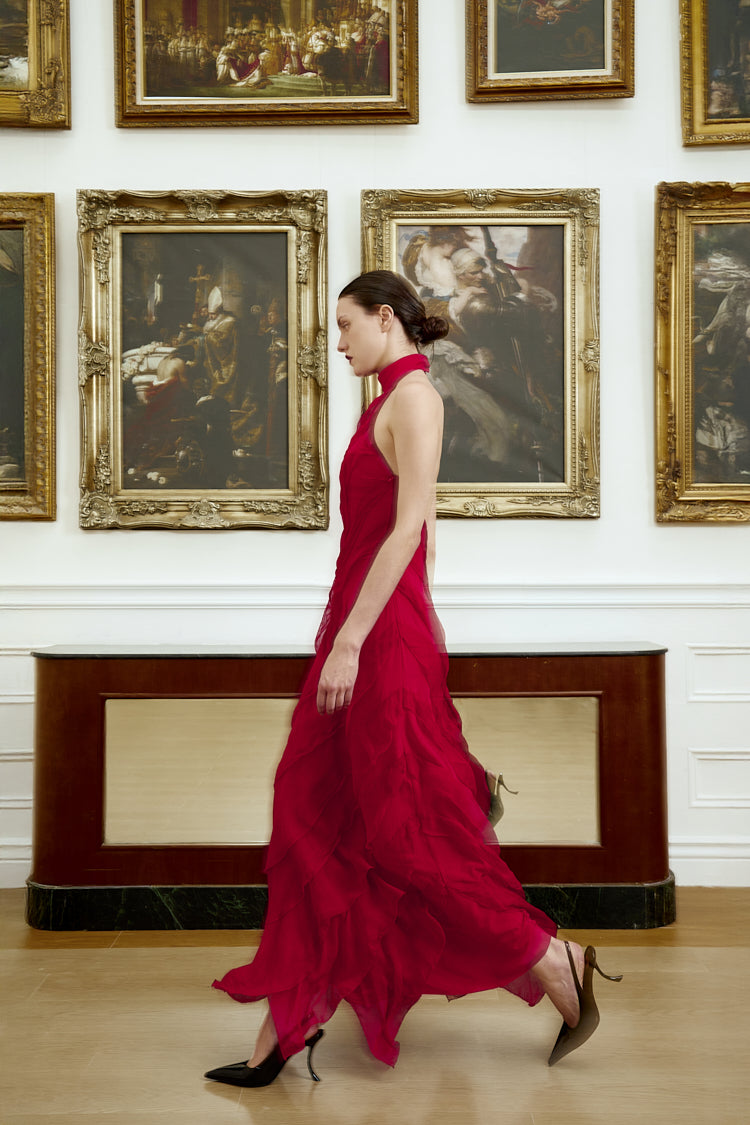 HALTER NECK BACKLESS TIERED MAXI DRESS / BURGUNDY RED