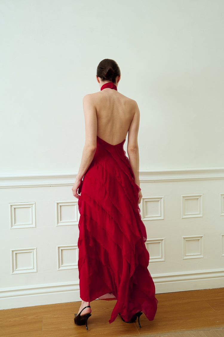 HALTER NECK BACKLESS TIERED MAXI DRESS / BURGUNDY RED