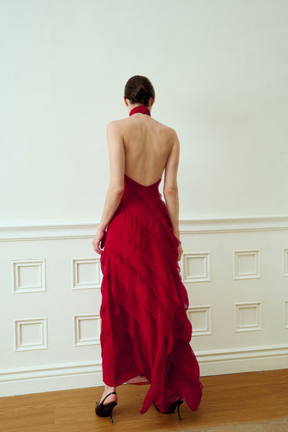 HALTER NECK BACKLESS TIERED MAXI DRESS / BURGUNDY RED