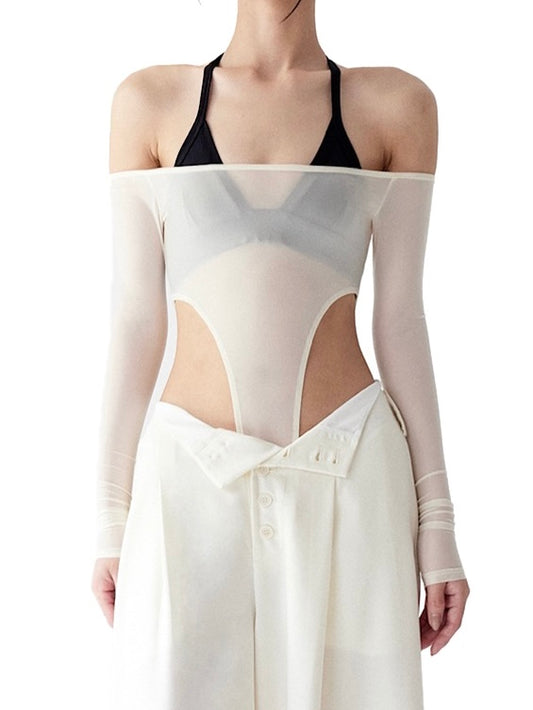 SEMI-SHEER OFF-THE-SHOULDER JUMPSUIT