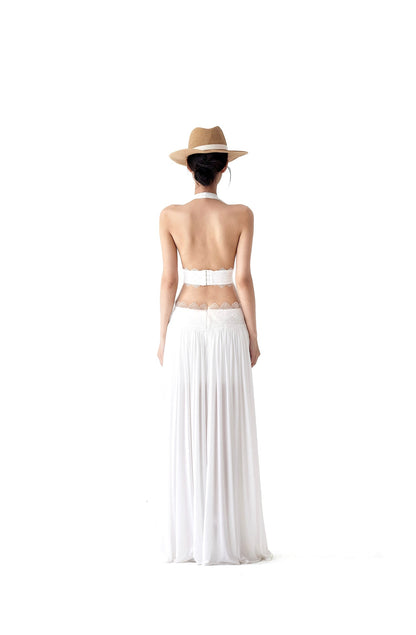 HALTER NECK PLEATED BACKLESS MAXI DRESS