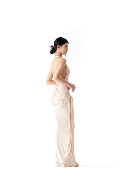 ASYMMETRIC HALTER NECK BACKLESS DRESS
