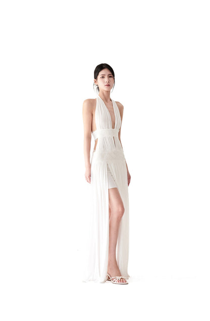 HALTER NECK PLEATED BACKLESS MAXI DRESS