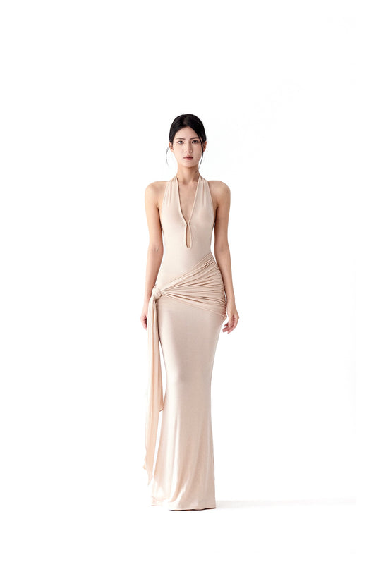 ASYMMETRIC HALTER NECK BACKLESS DRESS