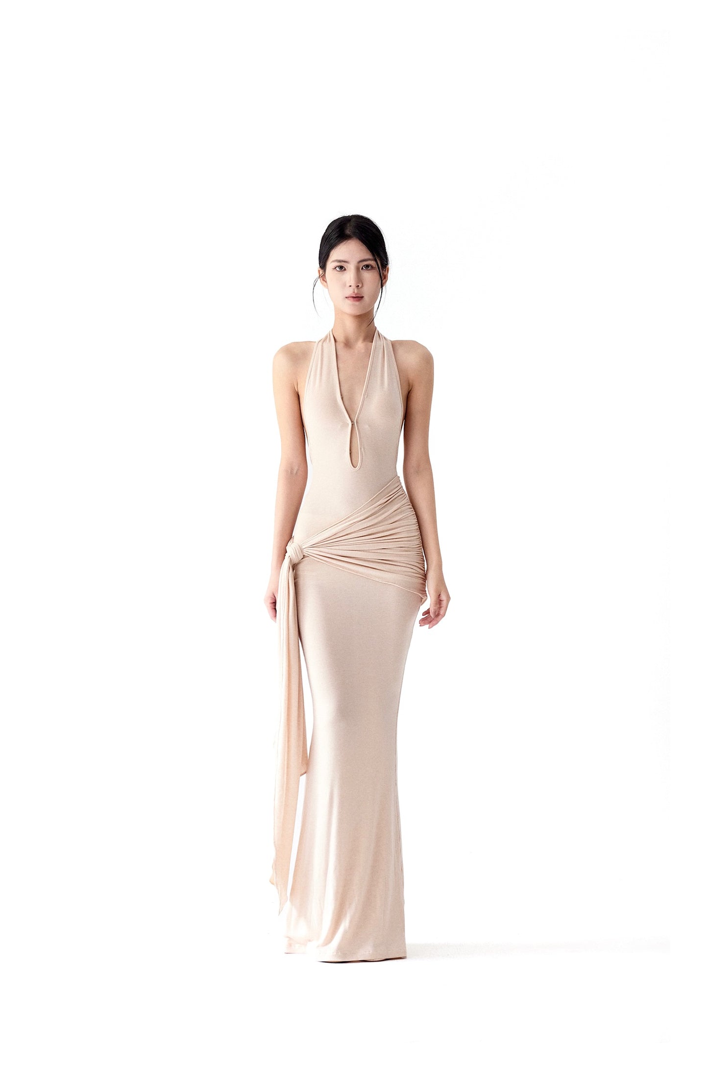 ASYMMETRIC HALTER NECK BACKLESS DRESS