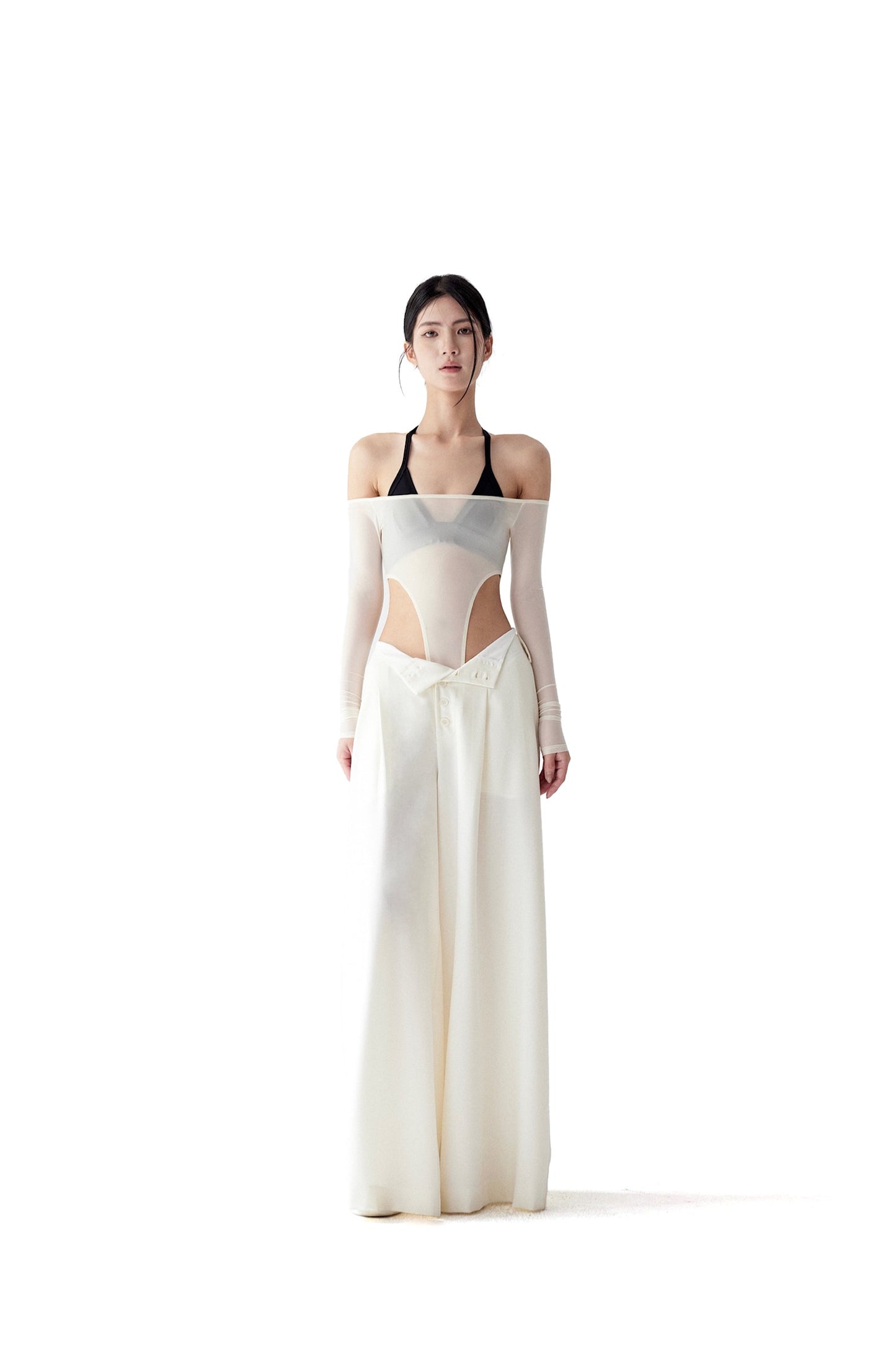 SEMI-SHEER OFF-THE-SHOULDER JUMPSUIT
