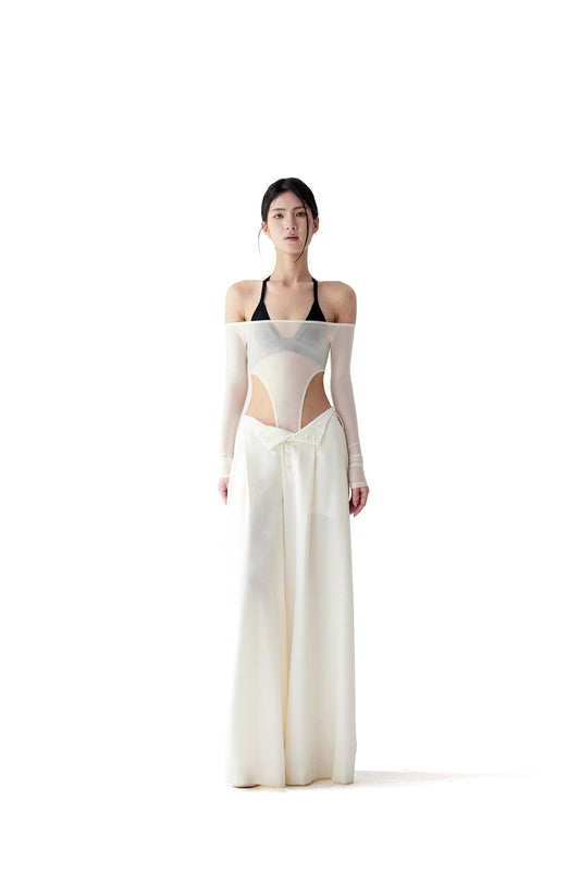 SEMI-SHEER OFF-THE-SHOULDER JUMPSUIT